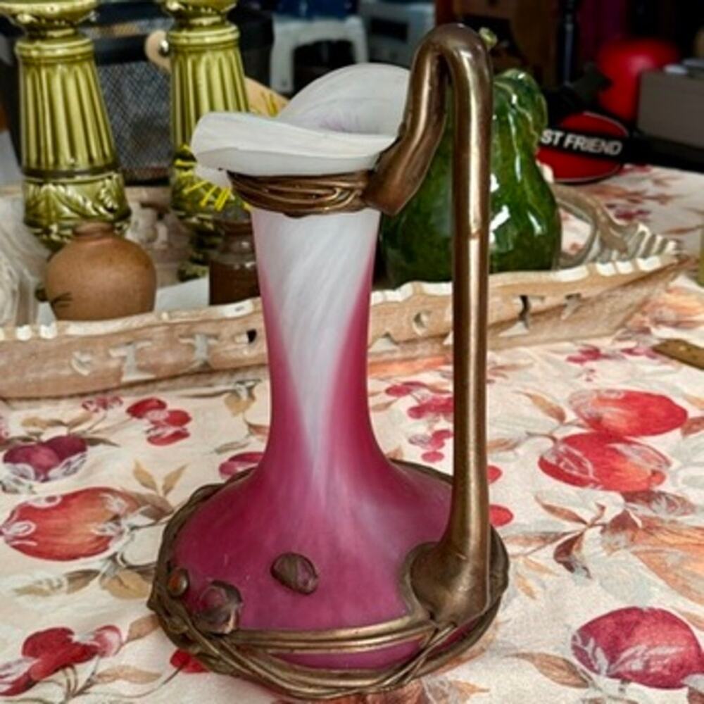 Romblast Romanian Art Glass Ewer Pitcher Calla Lily Copper Vine Filip Ravert